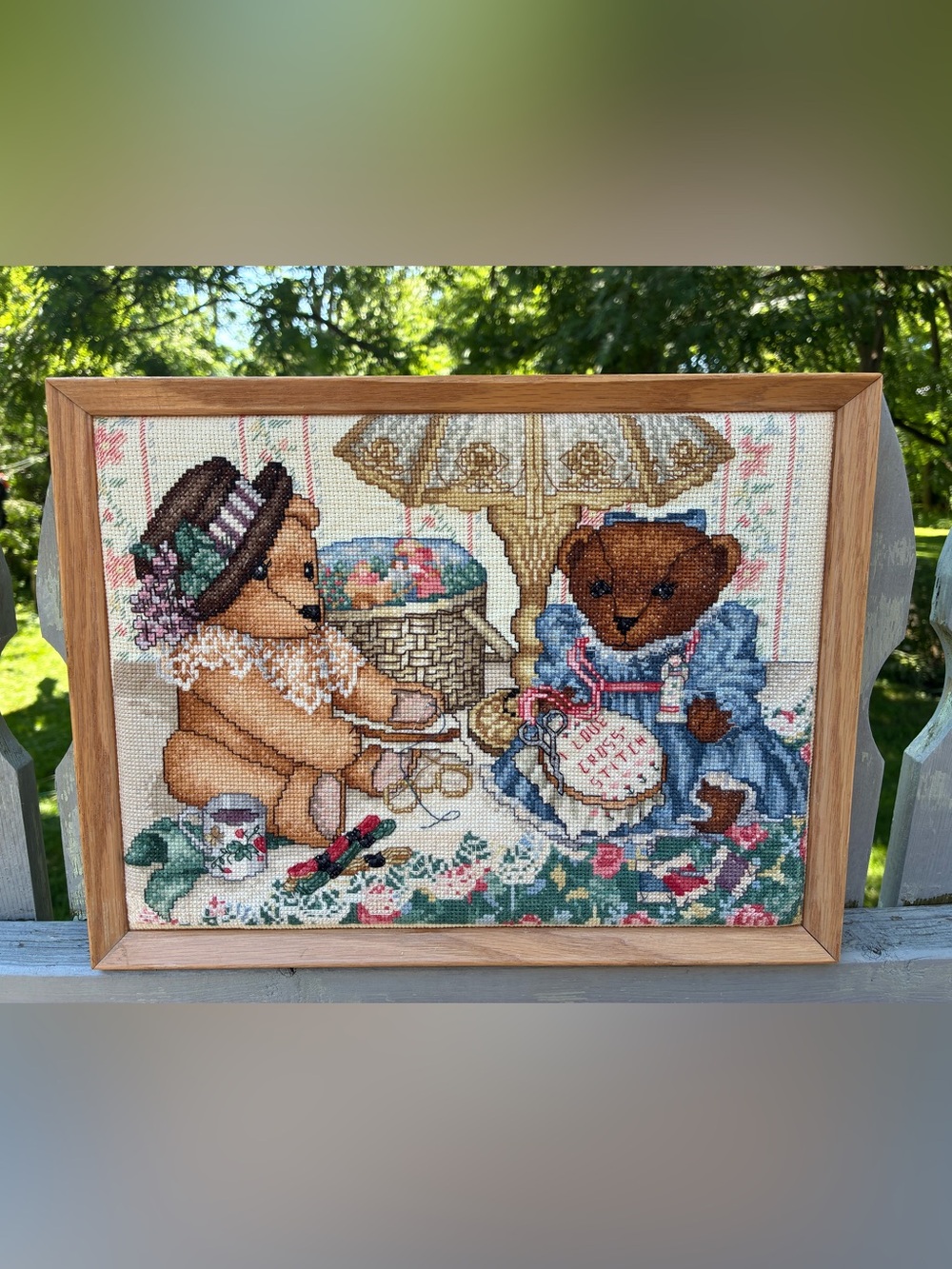 Vintage Framed  Completed Cross Stitch Sewing Room Bears